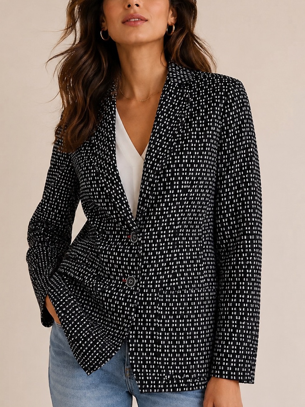 By Anthropologie Black White Textured Cotton Blazer Jacket Size S